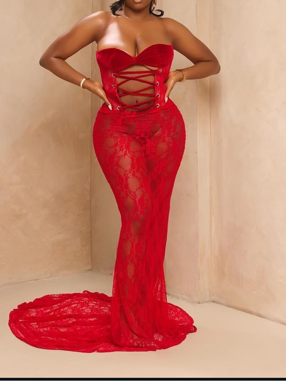 Elegant Strapless Red Lace Corset Gown